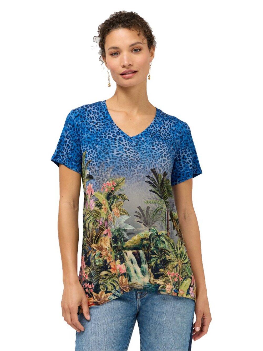 Johnny Was Janie Favorite Meghan Short Drape Tee Floral Shirt Blue Green Top NEW